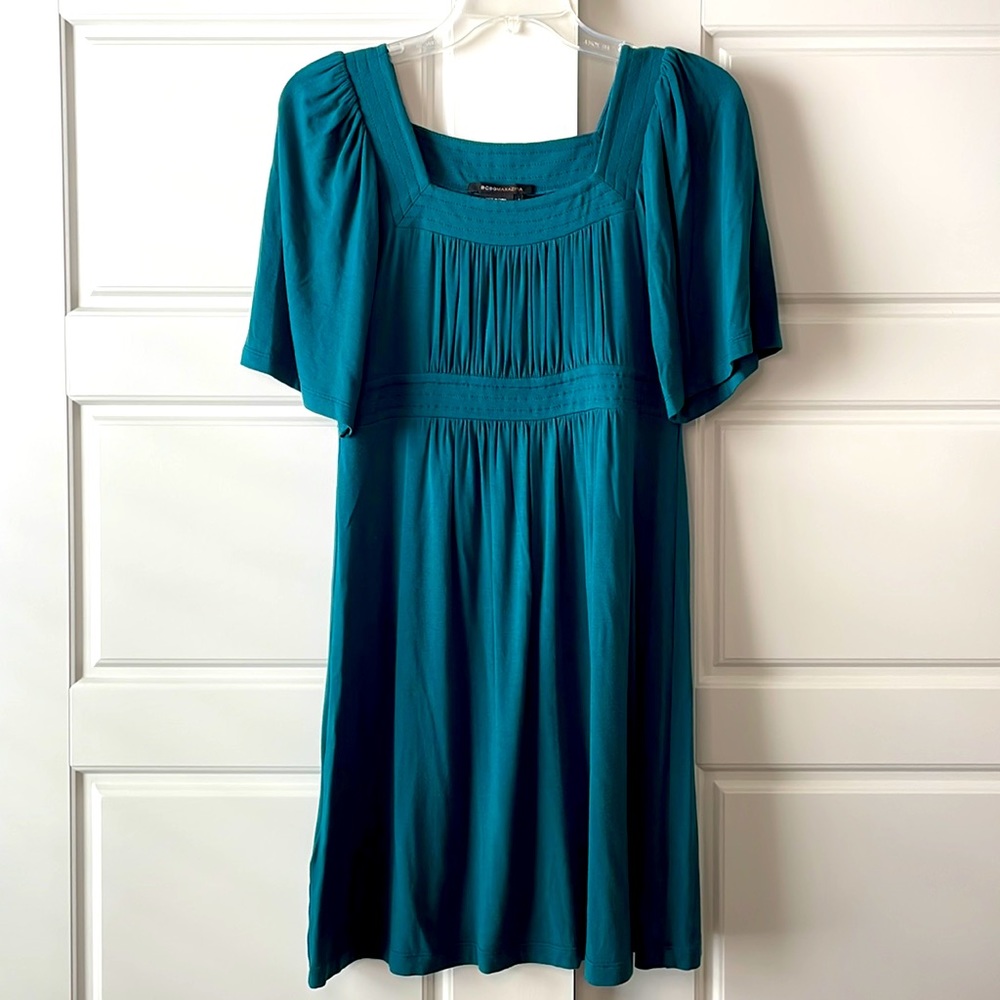 BCBG small teal gathered short sleeve dress